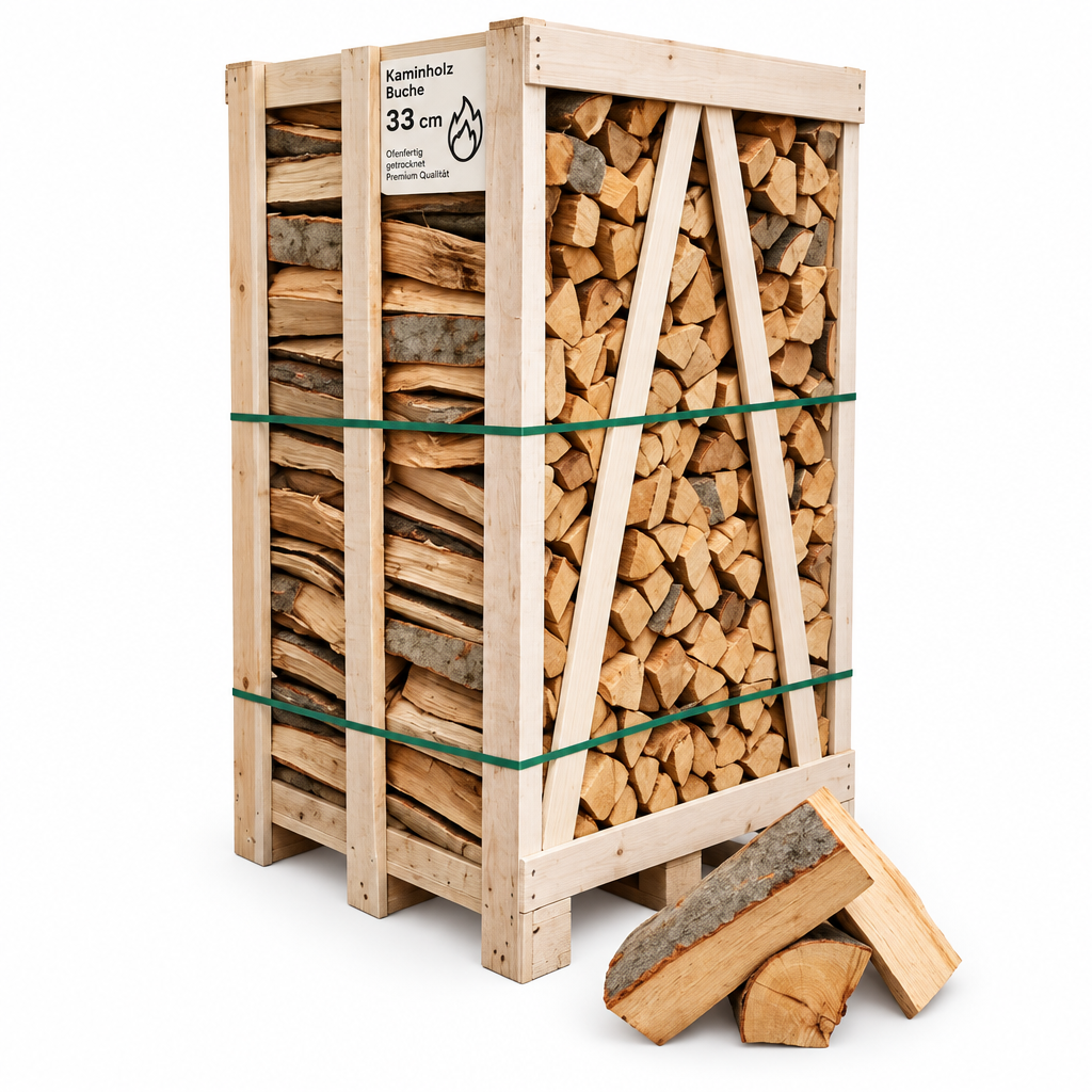 Bois de chauffage hêtre 30-33cm palette étagère compacte séché au four BIESSEHOLZDE
