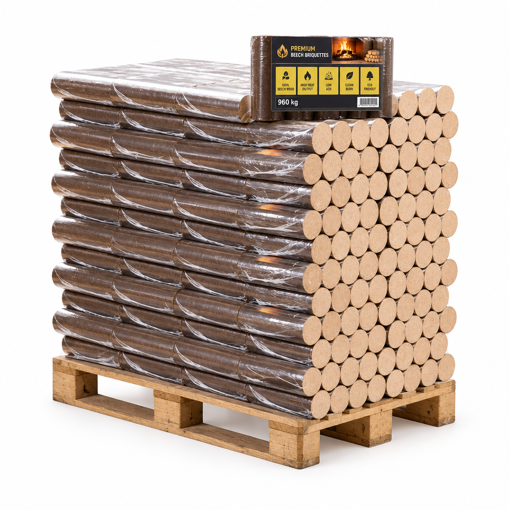 Briquettes rondes hêtre palette 96 paquets 10kg 960kg BIESSEHOLZDE
